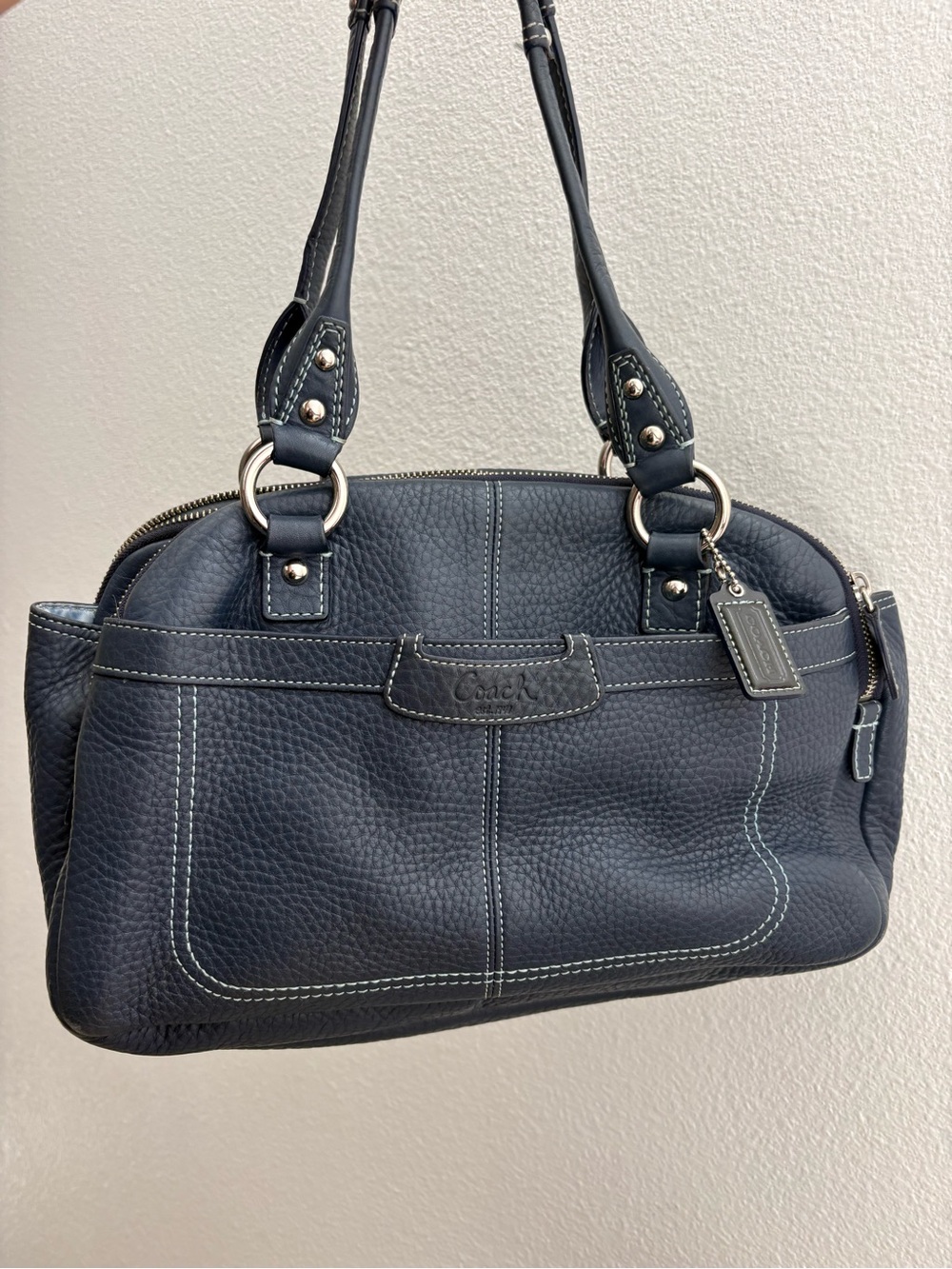 Coach Dark Blue Pebbled Leather Shoulder Bag with Contrast Stitching